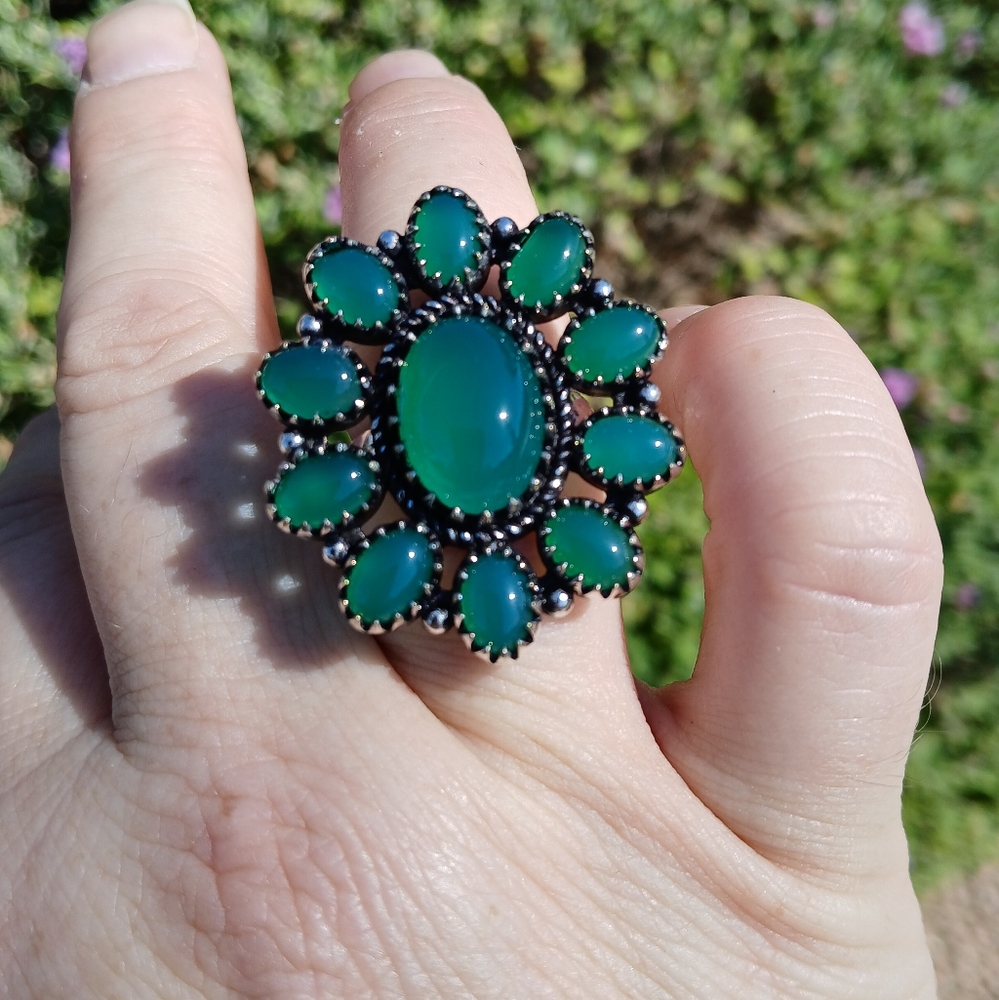 New Green Onyx 925 Silver Statement Ring.